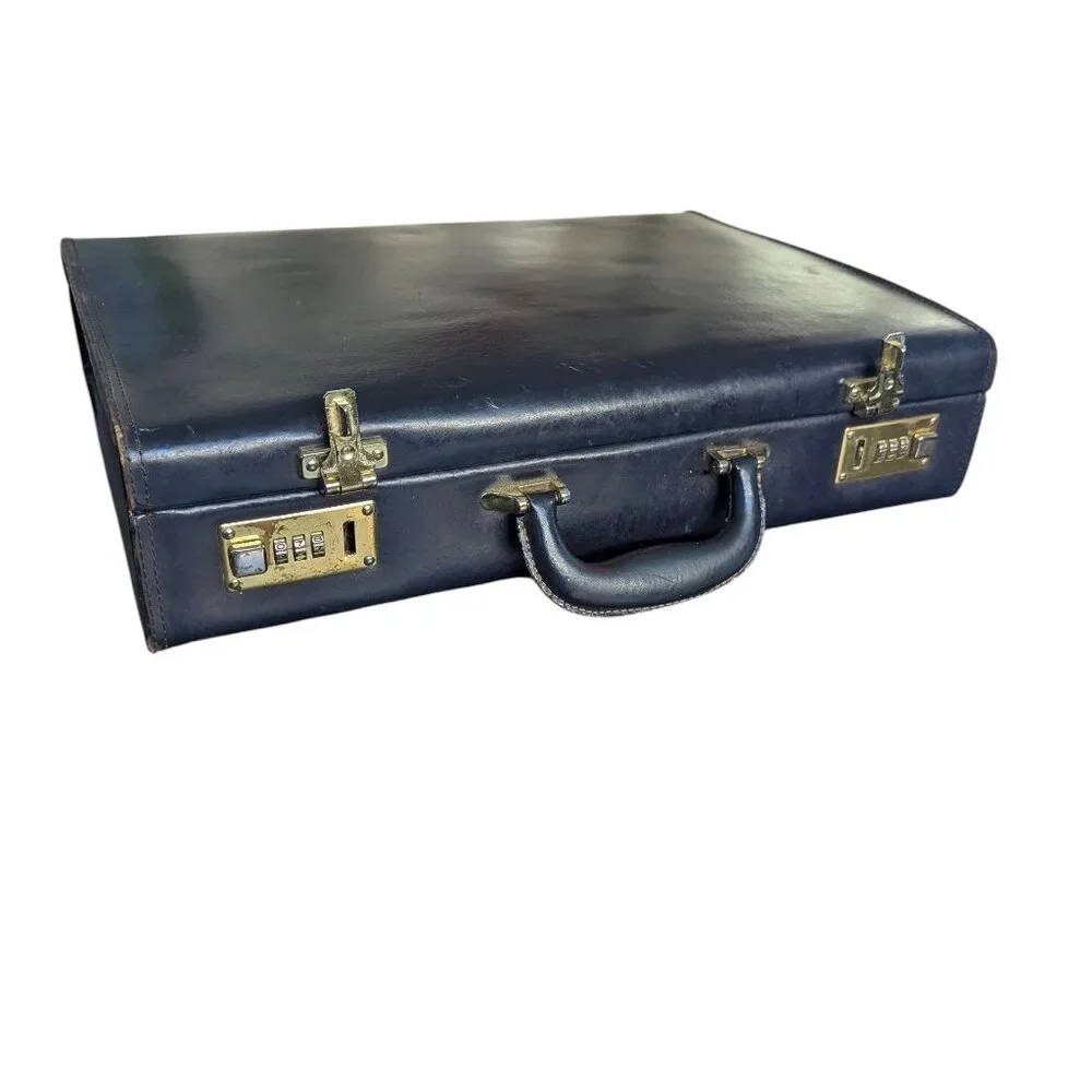 Vintage Black/Dark Navy Leather Briefcase with Combination Lock